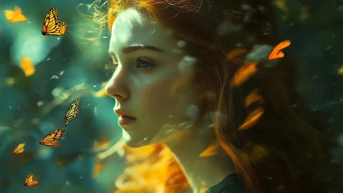 Gentle red haired dreamer watches glowing butterflies drift by