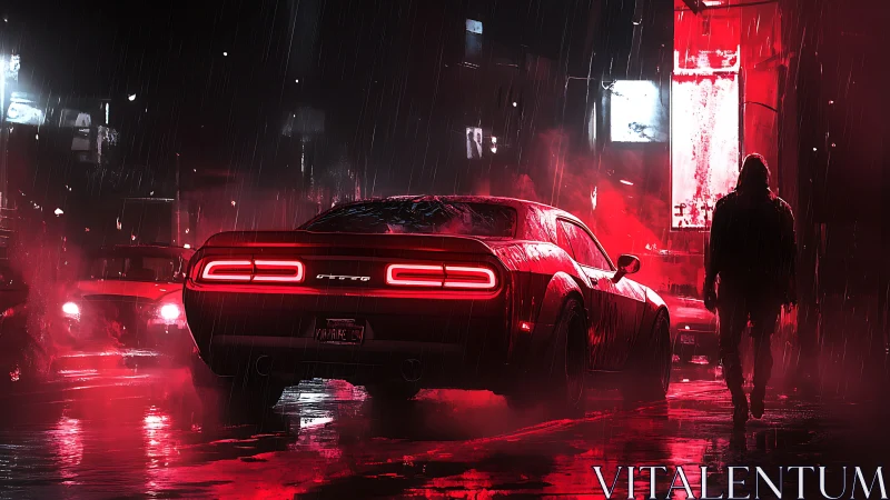 Neon-soaked muscle car waits in a rain-drenched night alley