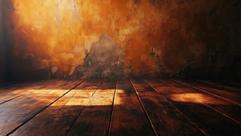 Sunlit distressed plaster wall and worn hardwood floor interior