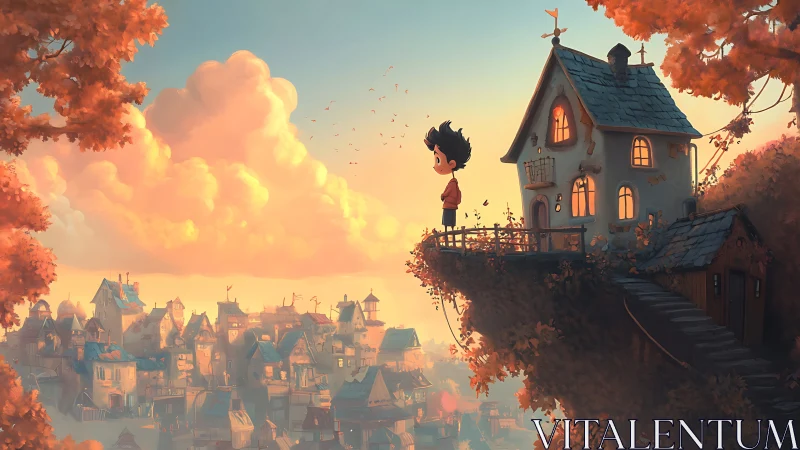 Child on cliffside balcony above autumn town at sunset