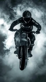 Daring motorcyclist soars through moody clouds of drifting smoke