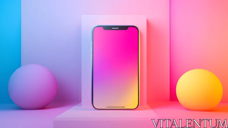 Modern smartphone on pedestal with vibrant gradient lighting.