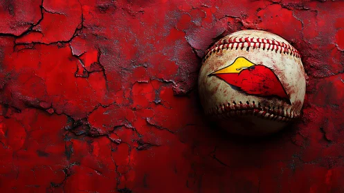 Weathered baseball on cracked red wall with bold emblem.
