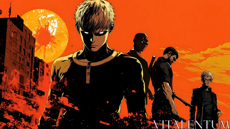 Four armed figures before red urban skyline at sunset.