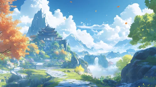 Sunny mountain temple retreat in a dreamy sky kingdom.