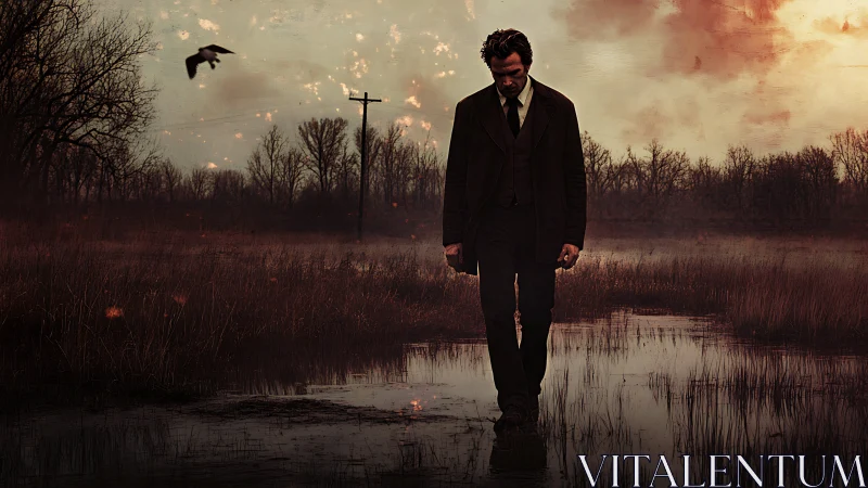 Solitary man walking through a quiet, rain-soaked marshland.