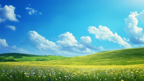 Sunlit wildflower meadows rolling beneath storybook skies.