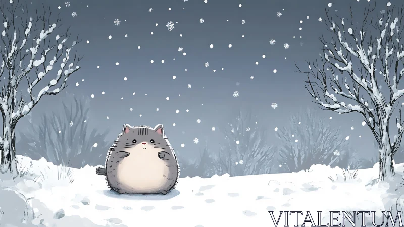 Round grey cat stands in a quiet snowy winter landscape.