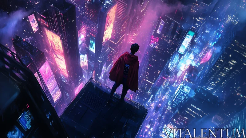 Lone caped watcher gazes across neon drenched future city