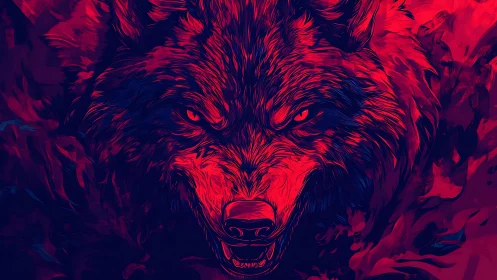 Predatory wolf portrait in crimson and indigo digital flames.