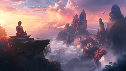 Meditating Buddha over misty mountain temple valley at dawn.