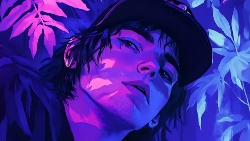 Neon rim-lit portrait of young man amid stylized tropical foliage