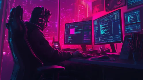Programmer at multi-monitor workstation in neon-lit room.