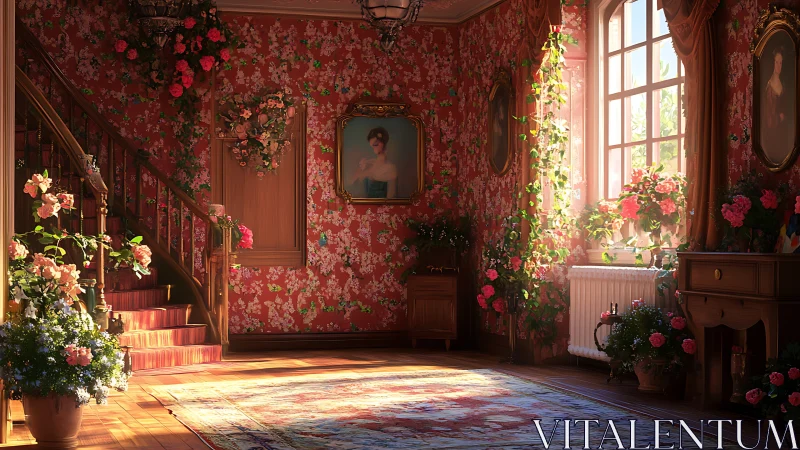 Sunlit Victorian rose hall blooming with floral whispers.