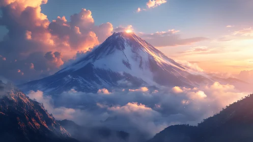 Sunrise crown over a cloud-draped, snowlit titan peak.