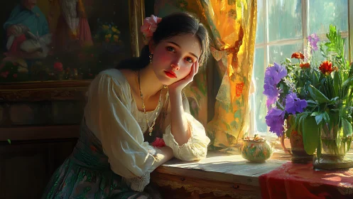 Young woman at sunlit window with flowers and curtain.