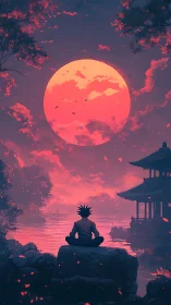 Moon-bloomed silence crowns a lone meditator by riverside