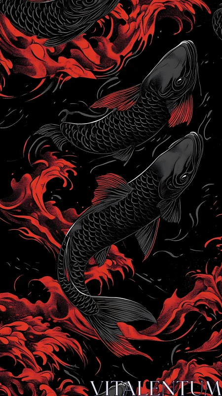 Ebony koi in crimson currents on midnight black waters.
