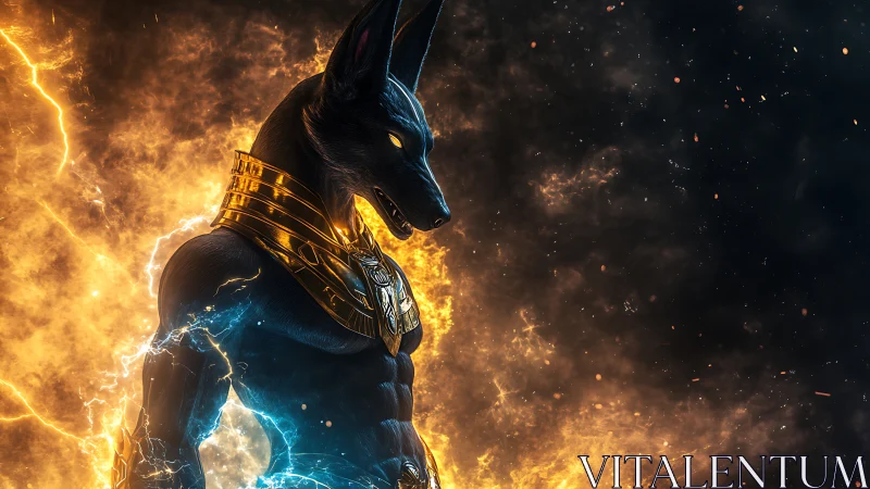 Mythic jackal god commands lightning in a blazing void