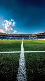 Central pitch markings divide a modern football stadium symmetrically