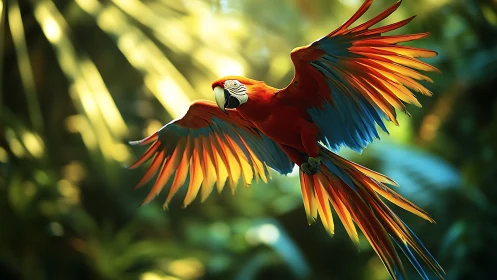 Vibrant Scarlet Macaw in Flight Amid Lush Jungle Light, Photorealistic.