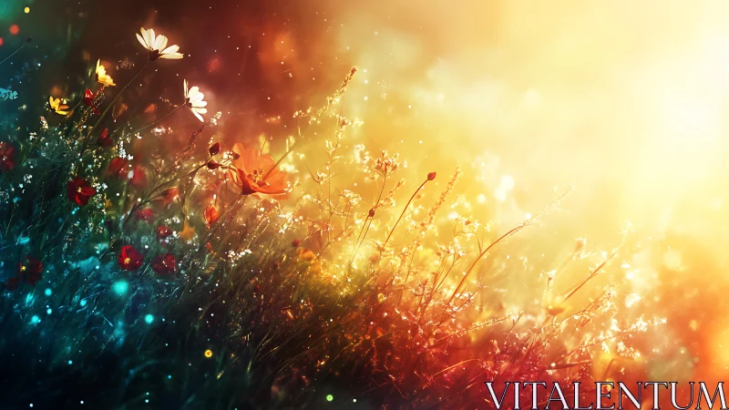 Wildflower meadow glows in radiant, dreamlike sunset light.