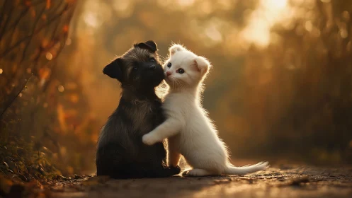 Golden hour portrait of kitten embracing scruffy puppy.