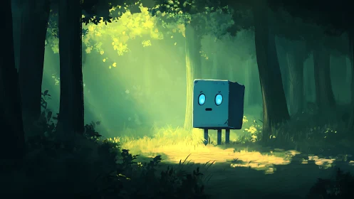 Luminous cube guardian awakens in the verdant forest glen.