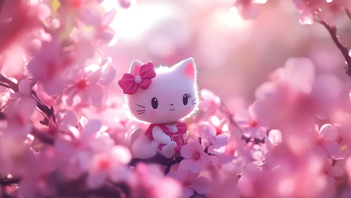 Cute white cat toy in soft pink cherry blossoms glow.