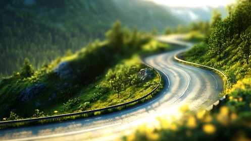 Sunlit mountain road curving through lush green valley.