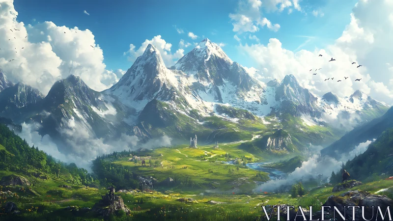 Snowy mountain valley with distant village and river.