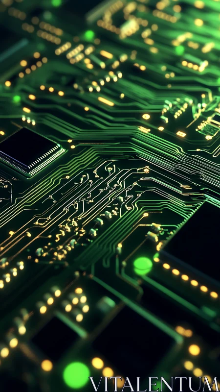 Glowing green circuit board channels direct pulsing data flow