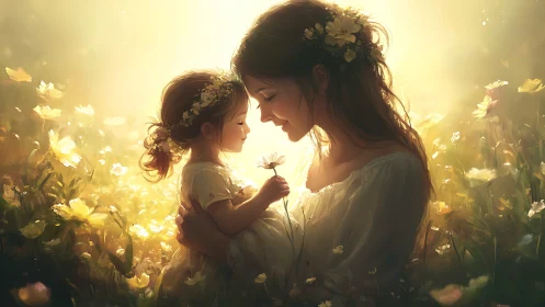 Mother and Child in Golden Daisy Fields.