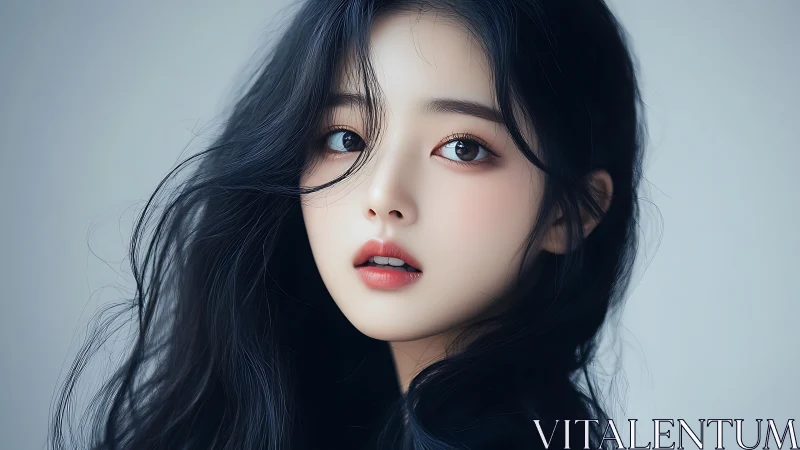 Soft-lit digital portrait of wistful girl in flowing midnight hair.