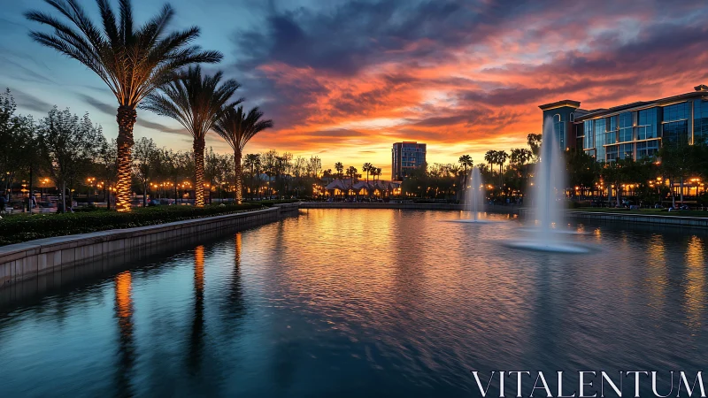 Sunset fountains ignite a glassy city lagoon with firelit palms.