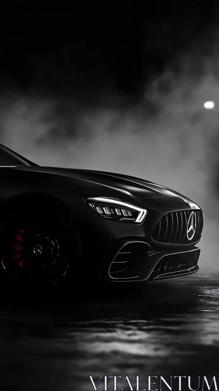 Front profile of black Mercedes sports car in low light.