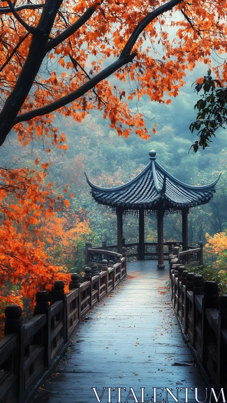 Wooden pavilion walkway under vivid autumn foliage.