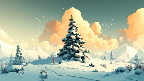 Digital painting of alpine winter tree with cinematic clouds.