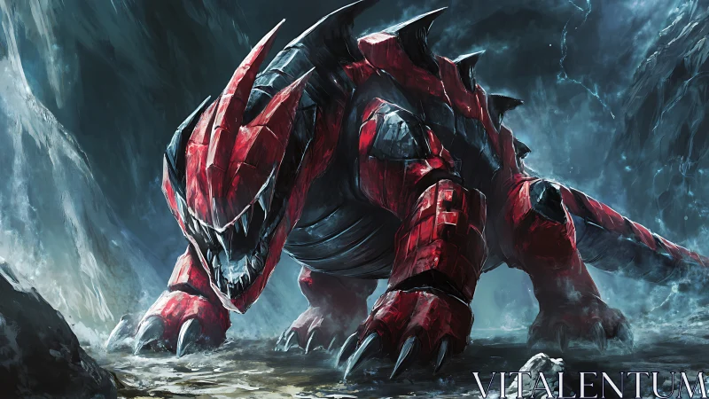 Crimson tectonic titan stalking through a stormlit cavern.