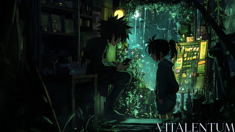 Rain-soaked neon alley with two anime figures in foliage-lit glow