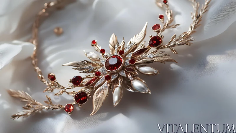 Gilded phoenix necklace with wine-bright rubies unfurling.