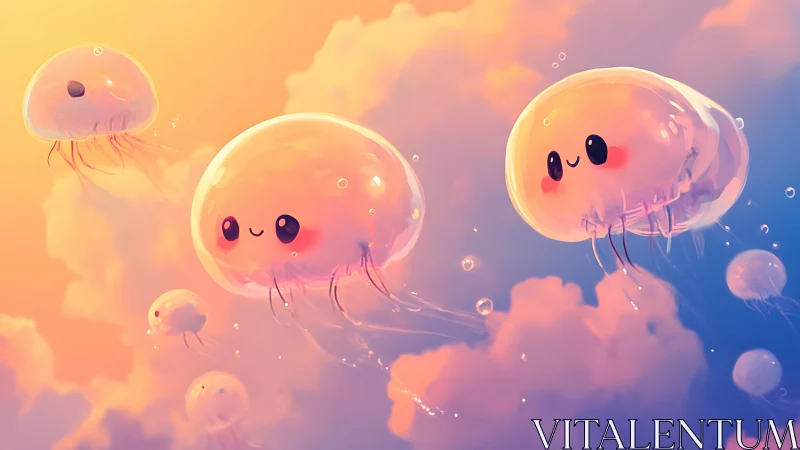 Smiling sky jellyfish drifting through cottony sunset clouds.
