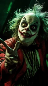 Distorted clown figure extends hand toward camera lens