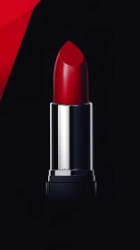 Red lipstick product on black background in close view.