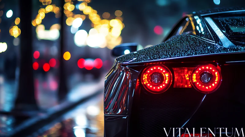 Sports car taillights on rainy city street at night.