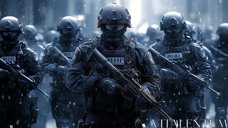 Heavily armed tactical police unit advancing in rain.