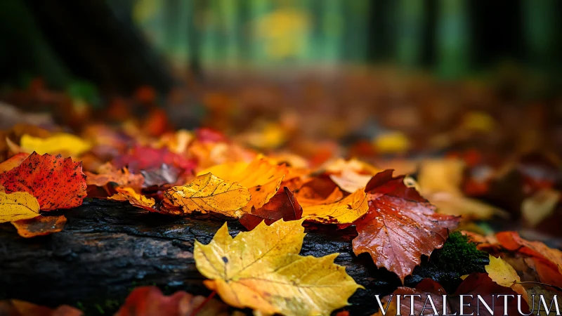 Selective-focus autumn foliage on mossy log displays rich bokeh field