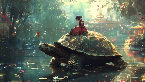 Girl rides giant turtle through luminous temple pond.