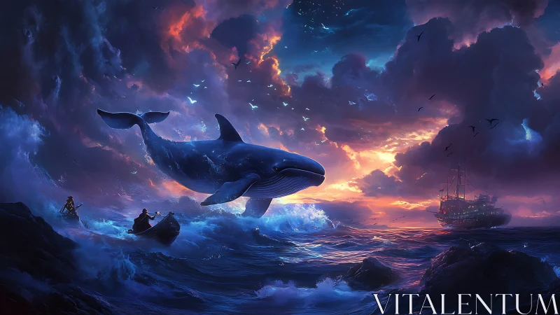Majestic blue whale rises from stormy sunset sea