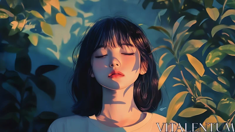 Young woman with closed eyes stands amid foliage in light